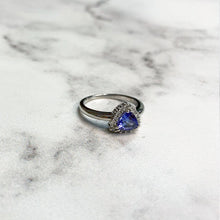 Load image into Gallery viewer, 18ct White Gold Trilliant Tanzanite Halo Ring
