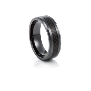 Black Plated Polished Tungsten Carbide Ring with Black Carbon Fibre Inlay