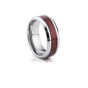 Polished Tungsten Carbide Ring with Imitation Red Wood Inlay